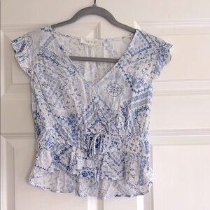 Max Studio Ruffled Peplum Cap Sleeve Top Blue and White